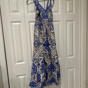 Flying Tomato Blue and Cream Patterned Maxi Dress